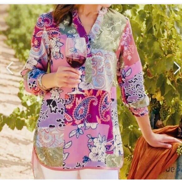 NWOT Soft Surroundings Blouse Hi/Low Pullover Patchwork Print Size M - Picture 1 of 9